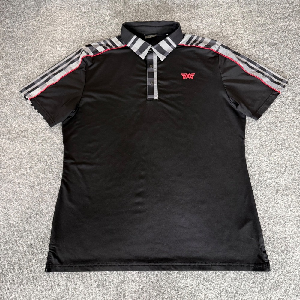 PXG Parsons Xtreme Golf Mens Plaid Performance Polo Shirt Black Large Casual